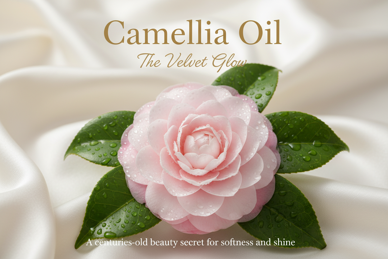 A single camellia flower dusted with morning dew, softly lit against a cream silk backdrop — elegance and purity personified.  Write in title and tagline - Camellia Oil – “The Velvet Glow”

Tagline: A centuries-old beauty secret for softness and shine.