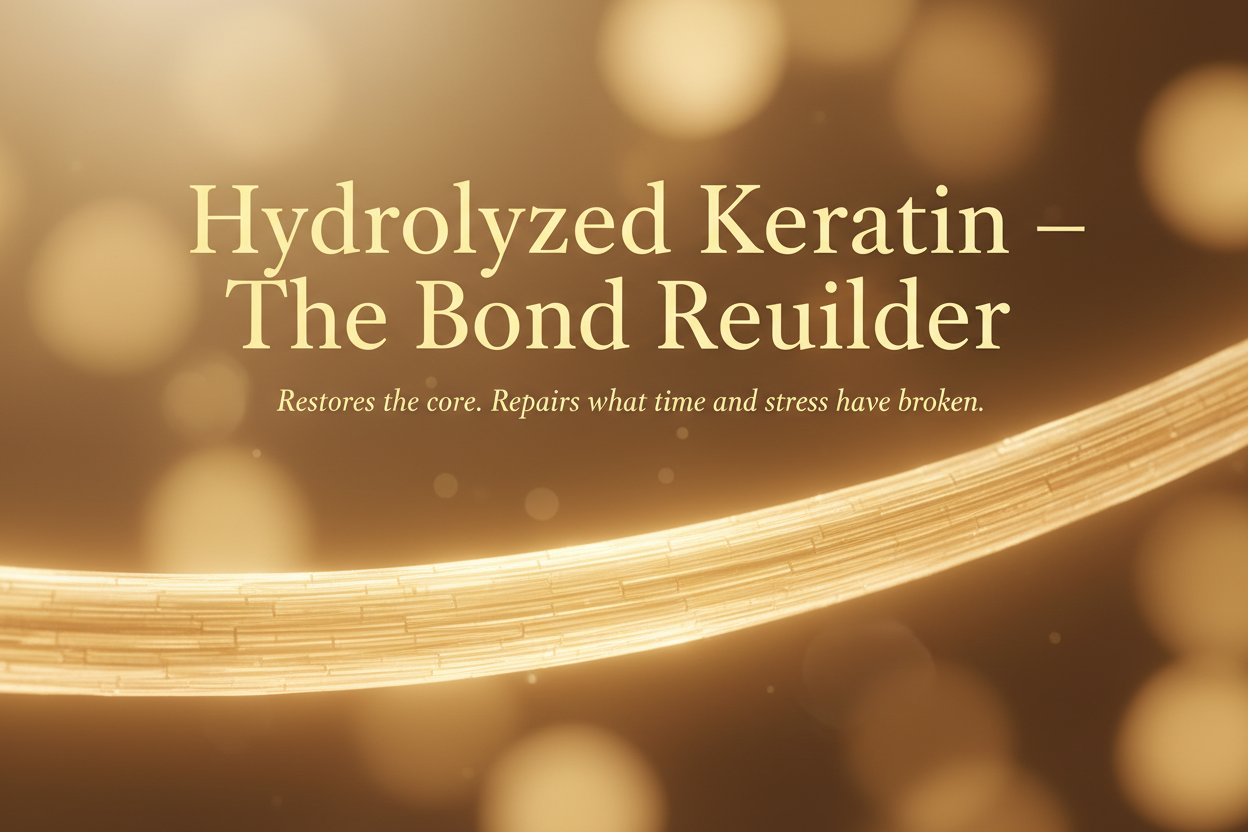 A single glowing hair strand under soft golden light, with microscopic texture detail showing smooth, sealed cuticles. write in the title and tagline - Hydrolyzed Keratin – “The Bond Rebuilder”
Tagline: Restores the core. Repairs what time and stress have broken.