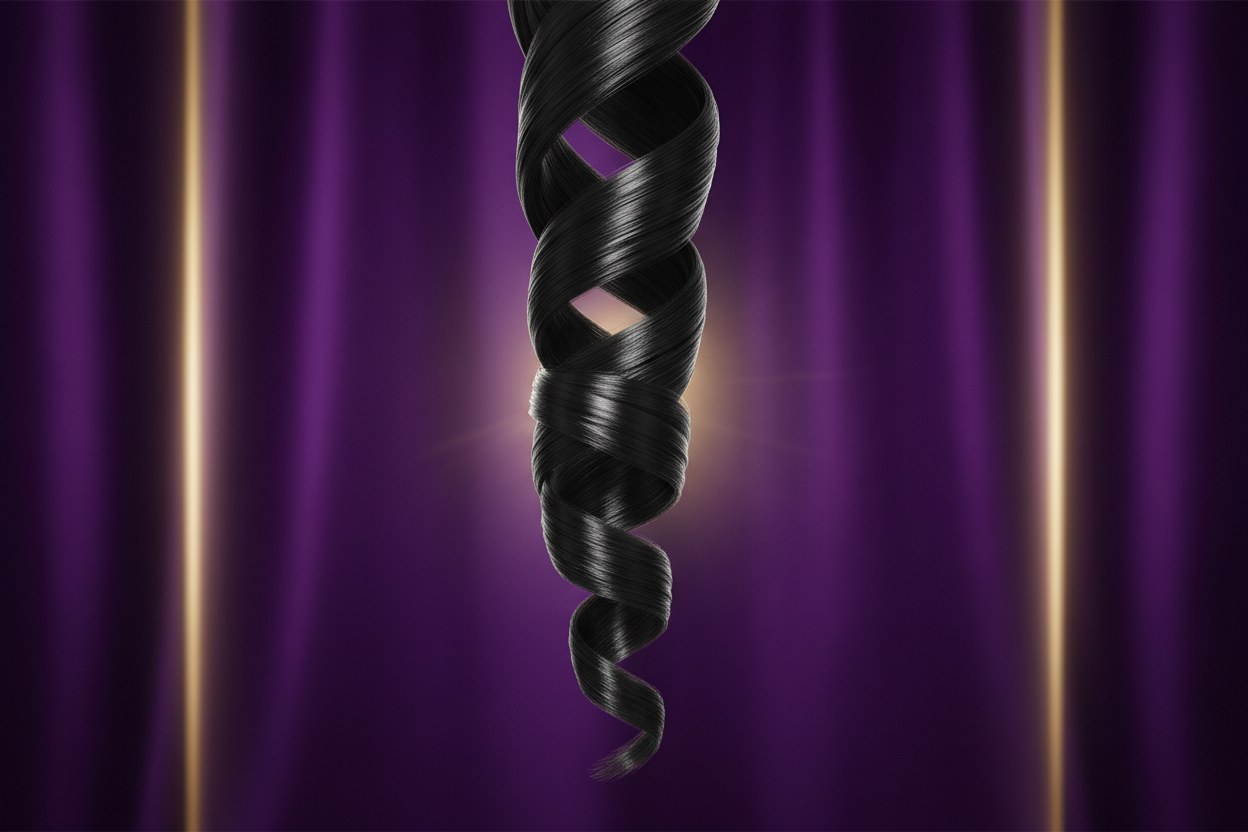A single, perfectly defined black curl strand extended gracefully downward — long, shiny, smooth.

Background:

Velvet royal purple (#2C1341) with soft gold rim lighting.

Details:

gold halo or light flare behind curl

Curl should look hydrated, glossy, alive

Editorial beauty lighting (soft shadows)

Purpose:

Represents elongation with elegance.