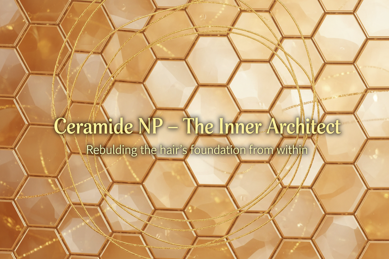A sleek macro image of interlocking hexagonal structures or golden threads weaving together — symbolizing hair’s inner architecture reforming. Subtle shimmer of light to evoke renewal and structure. write in the title and tagline - Ceramide NP – “The Inner Architect”
Tagline: Rebuilding the hair’s foundation from within.