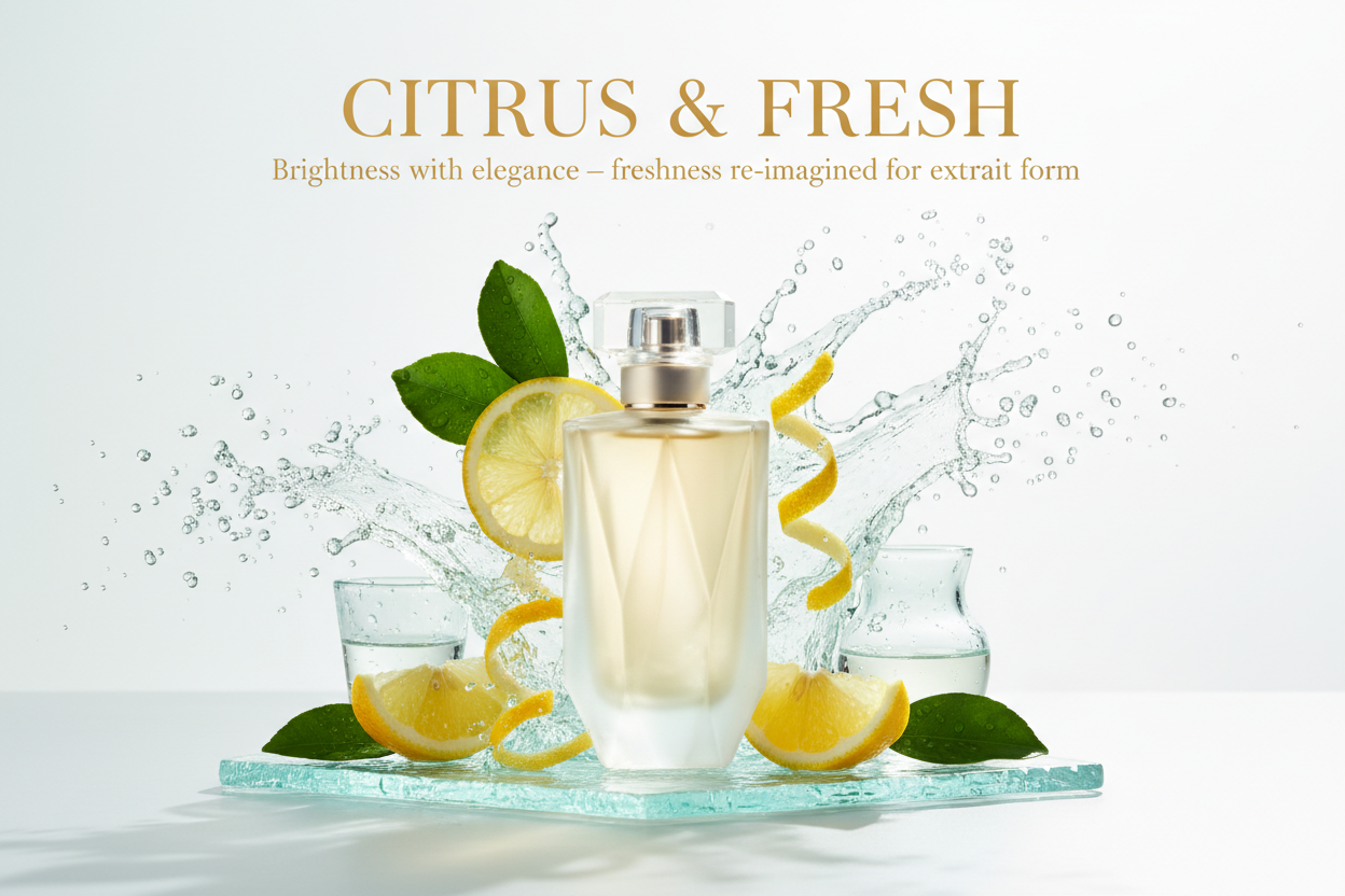 A sparkling citrus fragrance aesthetic: sliced bergamot, lemon zest, droplets of water splashing, bright morning sunlight, frosted glass textures, clean modern composition, pale yellows and soft aqua tones, fresh green leaves, crisp white background, airy atmosphere, perfume bottle glowing with freshness. Write on image title and tagline - CITRUS & FRESH
"Brightness with elegance — freshness re-imagined for extrait form."