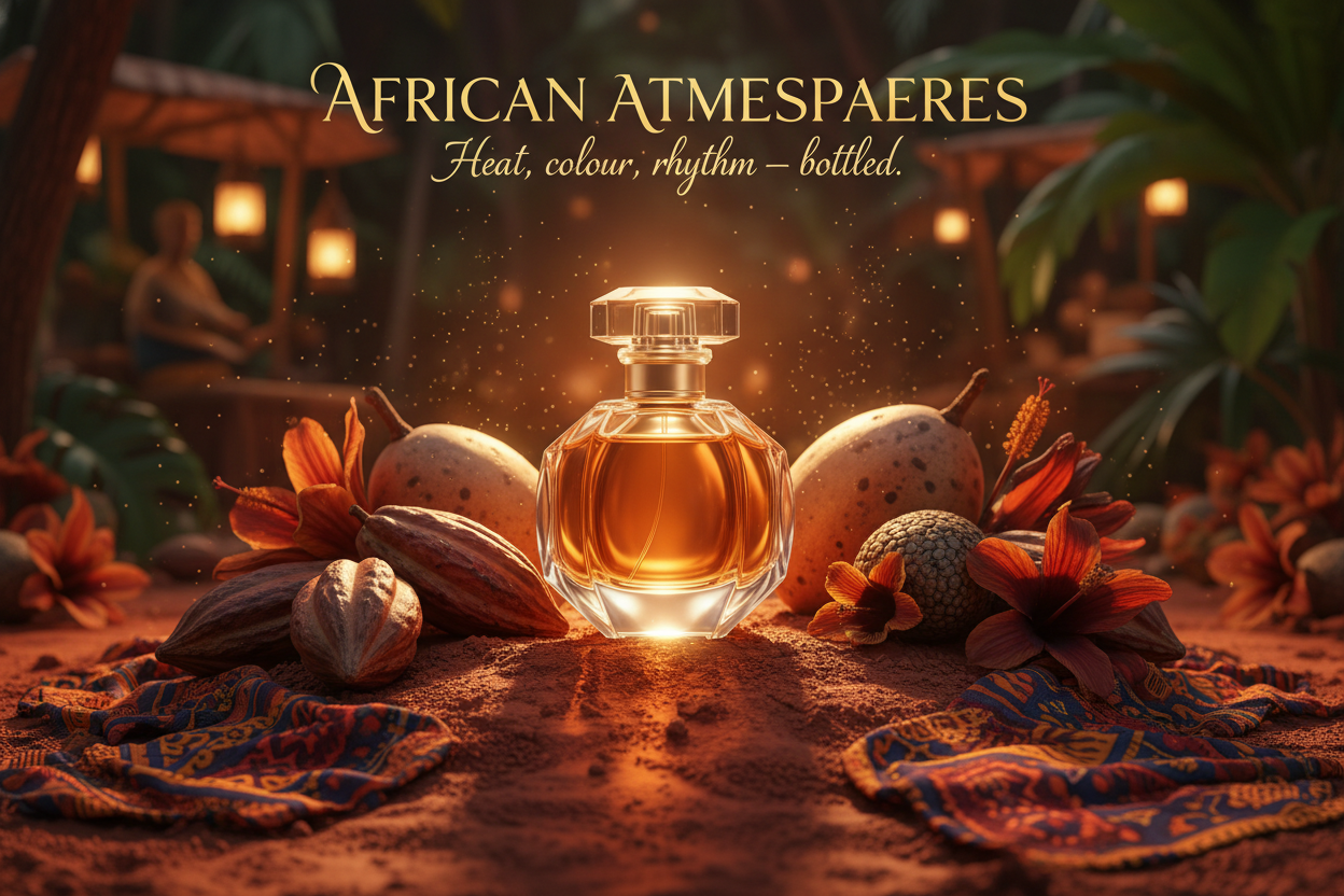A vibrant African-inspired fragrance visual: warm sunset light, cocoa pods, baobab fruit, hibiscus blossoms, red earth textures, woven fabrics, hints of gold dust in the air, deep terracotta and sunset-orange palette, tropical lushness, night-market warmth, perfume bottle glowing like a jewel against warm shadows. WRITE in title and tagline - AFRICAN ATMOSPHERES
"Heat, colour, rhythm — bottled."