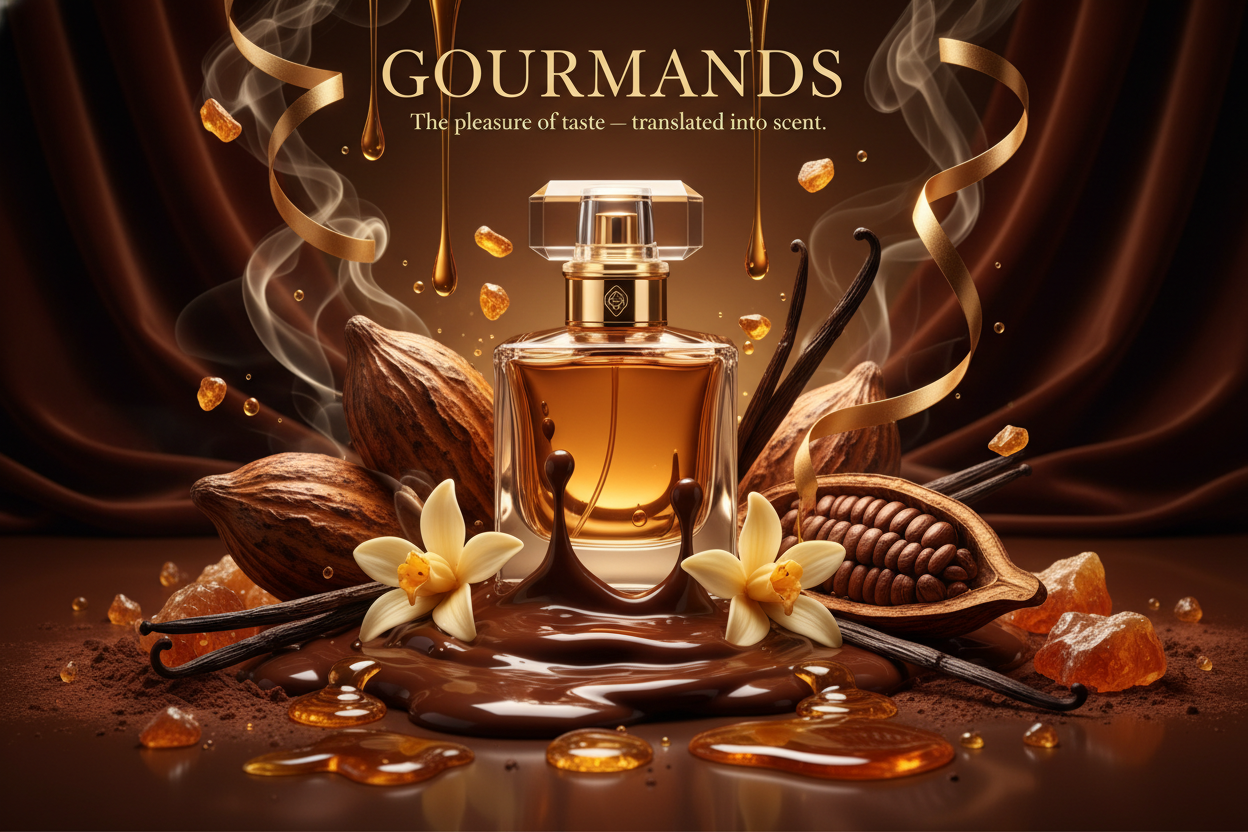A warm, indulgent gourmand fragrance mood: melted dark chocolate drips, vanilla beans, amber honey, roasted cocoa pods, golden caramel ribbons floating in warm light, deep brown and gold palette, rich velvet textures, soft smoke, luxurious dessert-like atmosphere, perfume bottle surrounded by cocoa dust and glowing amber resin, cinematic lighting. Write in on image title and tagline - GOURMANDS
"The pleasure of taste — translated into scent."