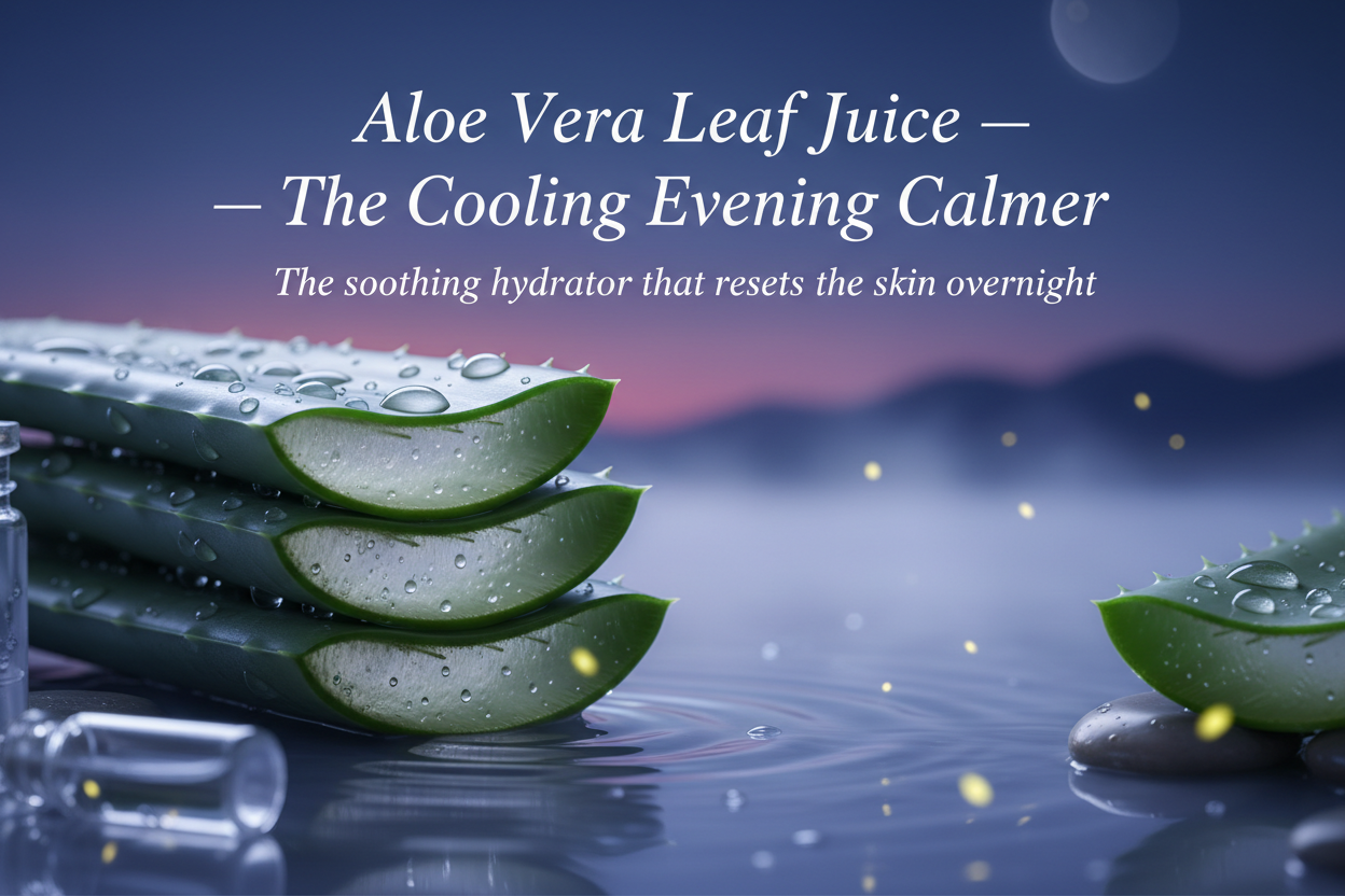 Aloe vera delivers refreshing hydration and immediate comfort to skin affected by daily stress. Naturally rich in vitamins, minerals, and calming compounds, it helps reduce redness and irritation, restoring harmony while preparing the skin for next-day radiance. Write in title and tagline: Aloe Vera Leaf Juice — The Cooling Evening Calmer

Tagline: “The soothing hydrator that resets the skin overnight.”