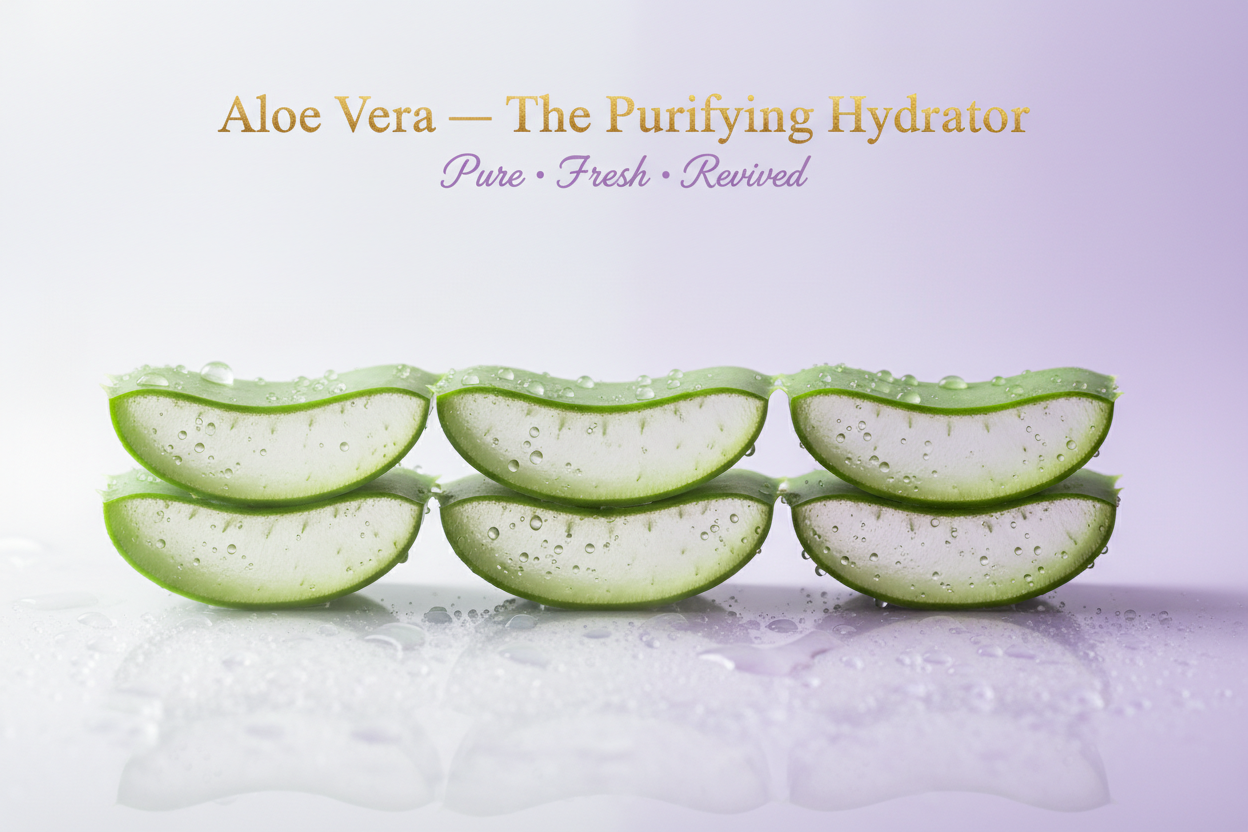 Aloe Vera — The Purifying Hydrator

Overlay text:

Title text in gold

Tagline text in lilac: “Pure · Fresh · Revived”

Image prompt:
“Fresh aloe vera slices with clear gel droplets resting on a reflective surface that shifts from cool white to lilac. Fine mist and soft light to suggest cooling hydration. Clean, luxurious aesthetic, no clutter. Leave top centre clear for gold title and lilac tagline.”