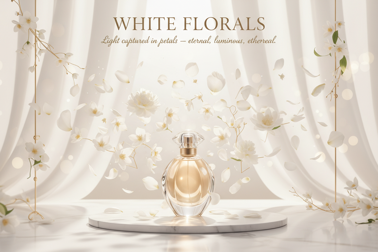 An ethereal white-floral perfume scene, soft sunlight through sheer white silk curtains, floating white petals (jasmine, peony, gardenia), delicate gold accents, translucent glass perfume bottle glowing softly, minimal French luxury aesthetic, high-end editorial lighting, creamy whites and pale gold palette, ultra-clean composition, soft depth of field, photographed on marble. Write across image title and tagline WHITE FLORALS
"Light captured in petals — eternal, luminous, ethereal."