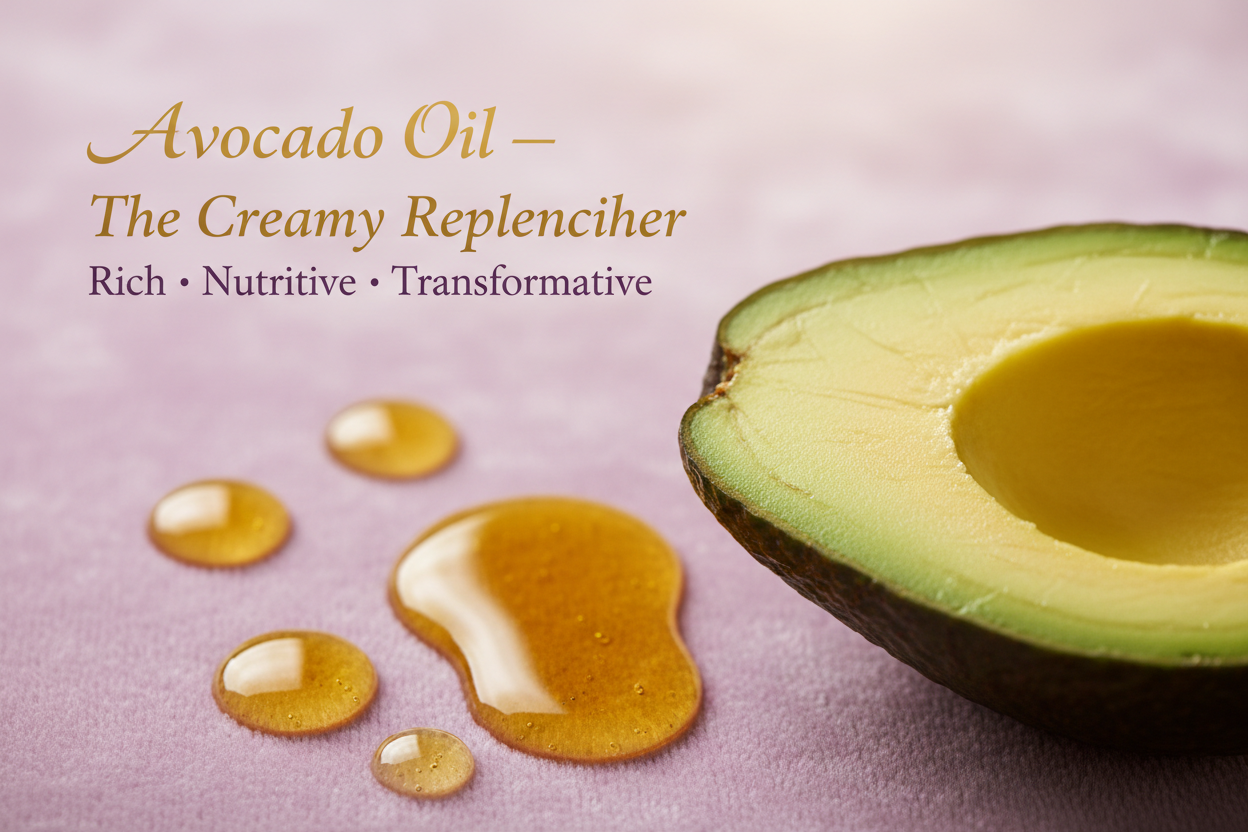 Avocado Oil — The Creamy Replenisher

Overlay text:

Title text in gold

Tagline text in plum: “Rich · Nutritive · Transformative”

Image prompt:
“Half an avocado with rich green flesh beside small pools of golden oil on a soft, warm lilac background. Creamy light and soft-focus edges for a nurturing, indulgent feel. Space in upper left for gold title and plum tagline.”