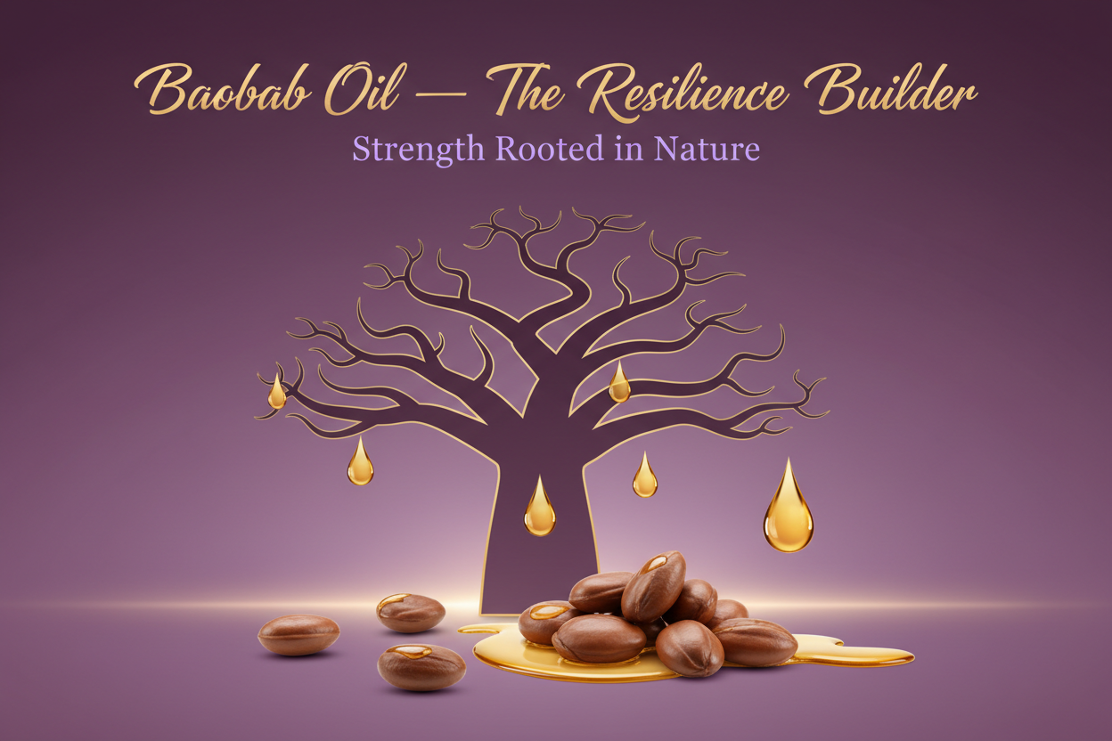 Baobab Oil — The Resilience Builder

Overlay text:

Title text in gold

Tagline text in lilac: “Strength Rooted in Nature”

Image prompt:
“Stylised baobab tree silhouette in the background with close-up of baobab seeds and oil drops in the foreground, on a plum-to-lilac gradient base. Gentle gold rim lighting to suggest resilience and longevity. Negative space at the top for gold title and lilac tagline.”