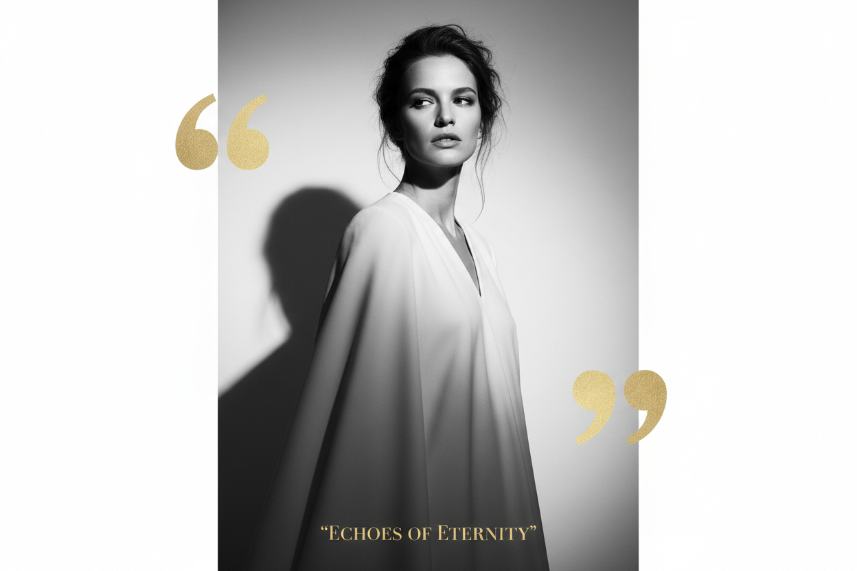 “Black-and-white minimalist editorial portraits with soft gold quote marks, clean backdrop, refined lighting, timeless magazine-style layout.”