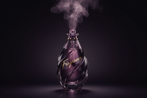 Black plum tones, perfume diffusion, artistic bottle with title Fragrance written across it