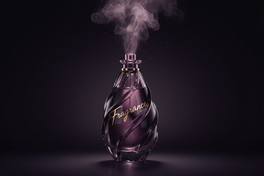 Black plum tones, perfume diffusion, artistic bottle with title Fragrance written across it