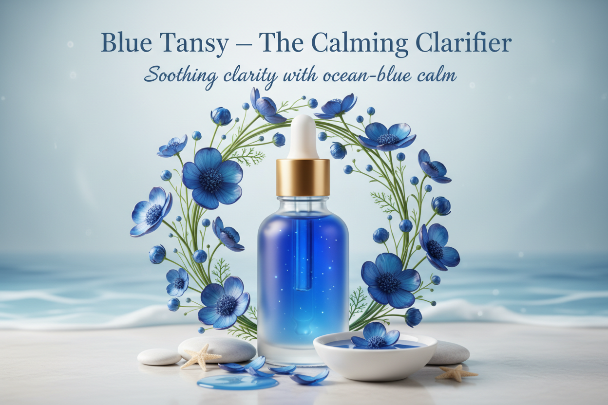 Blue Tansy Oil contains azulene-rich compounds that help soothe visible redness and calm irritation. Its balancing profile makes it ideal for restoring clarity to fatigued or uneven skin.

At the same time, its natural aroma delivers a calming sensory experience, enhancing the cooling, refreshing effect of the mask. Write in title and tagline: Blue Tansy — The Calming Clarifier. Tagline: Soothing clarity with ocean-blue calm