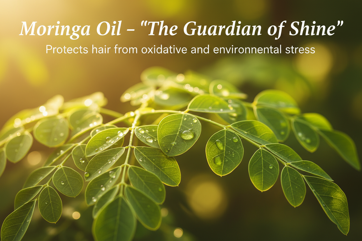 Bright green moringa leaves illuminated by soft sunlight, with droplets of oil glistening — symbolizing vitality and protection.     Write in to image title and tagline -  Moringa Oil – “The Guardian of Shine” 
Tagline: Protects hair from oxidative and environmental stress. writ
