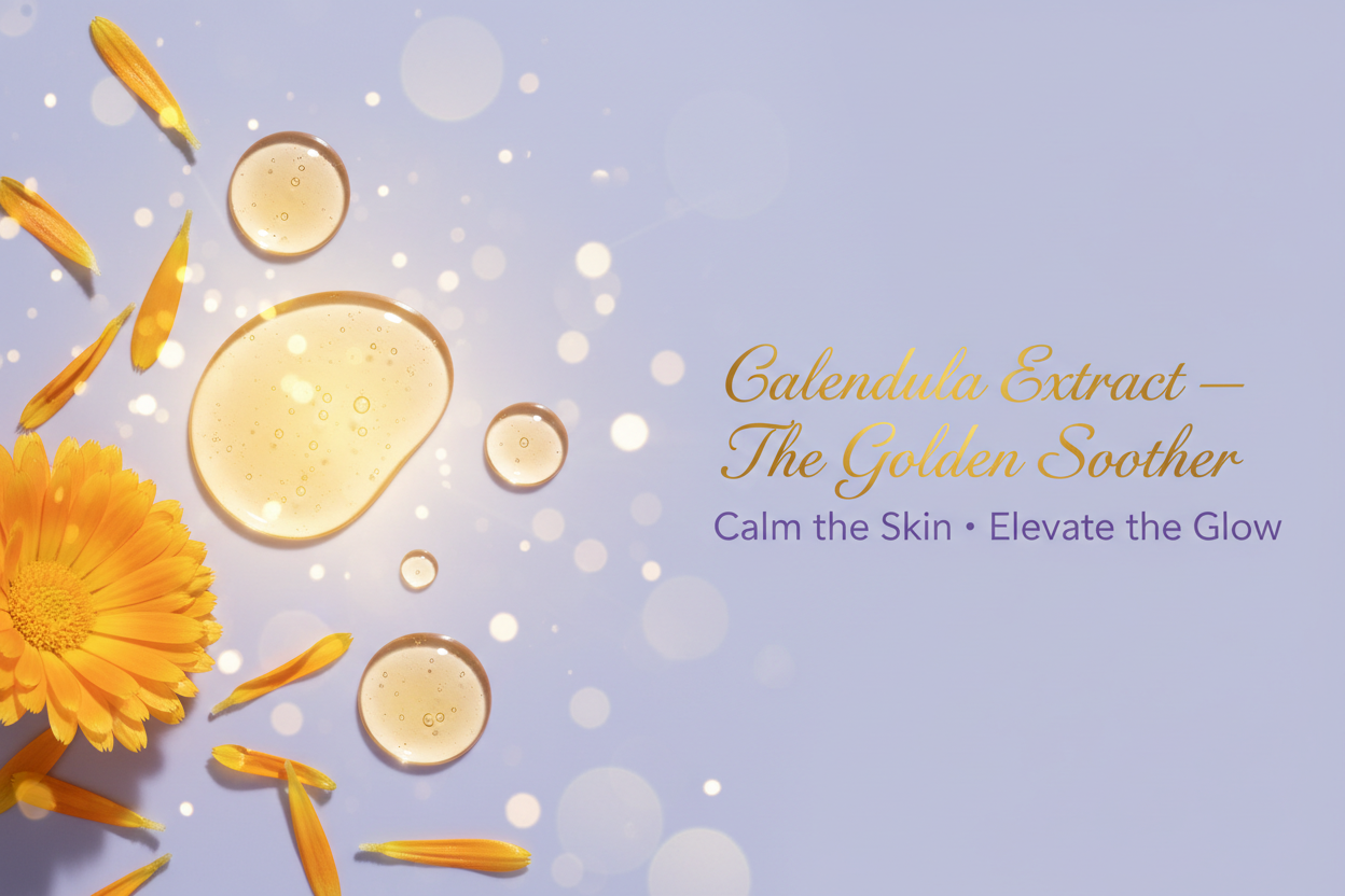Calendula Extract — The Golden Soother

Overlay text:

Title text in gold

Tagline text in lilac: “Calm the Skin · Elevate the Glow”

Image prompt:
“Close-up flat-lay of golden calendula petals and drops of glowing gel on a smooth lilac background. Soft-focus sparkles and a warm gold halo to suggest soothing radiance. Premium beauty photography, clean and minimal. Space on the right for title text in gold and tagline text in lilac.”