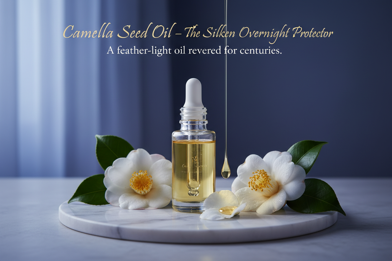 Camellia Seed Oil — The Silken Overnight Protector

Tagline: “A feather-light oil revered for centuries.”
Long cherished in East Asian beauty rituals, camellia oil glides over the skin with a weightless silky finish. Packed with antioxidants and essential fatty acids, it supports overnight repair, nourishes deeply, and protects against environmental dullness — leaving the complexion soft, smooth, and glowing. Write in title and tagline.