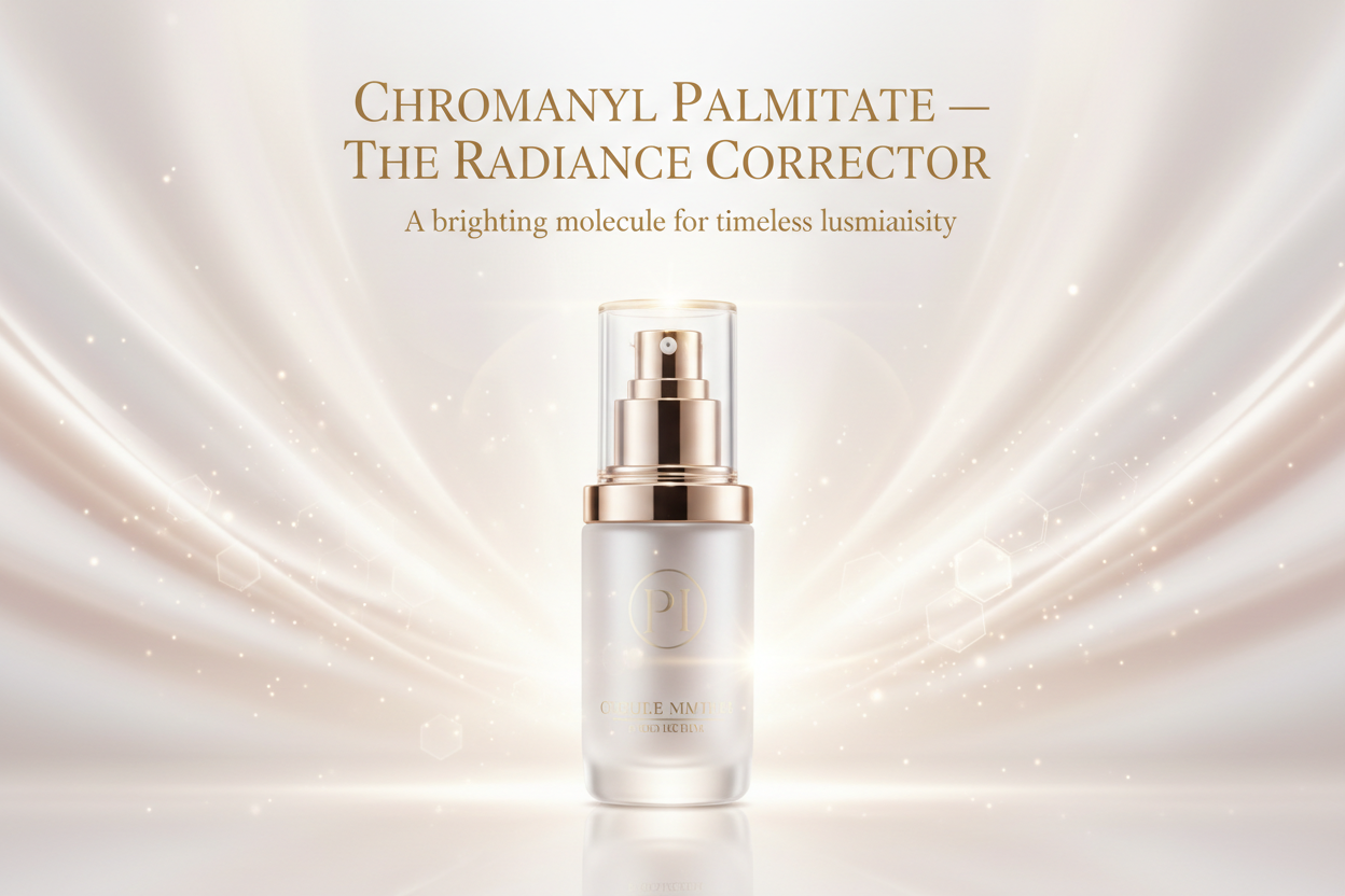 Chromanyl Palmitate — The Radiance Corrector

Tagline: “A brightening molecule for timeless luminosity.”
This next-generation brightening active helps diminish dullness and uneven tone while enhancing natural radiance. It supports a fresher, more youthful complexion and helps defend against visible signs of environmental ageing. Write in title and tagline above. 