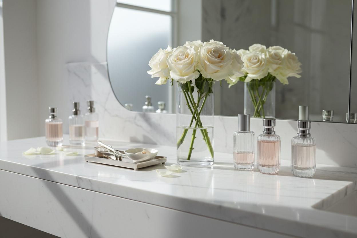 •	Cinematic slow pan: a marble vanity with glass bottles, white roses, and soft daylight.
•	Palette: porcelain white, blush ivory, and reflective silver.
•	Feel: pure, architectural, timeless.
