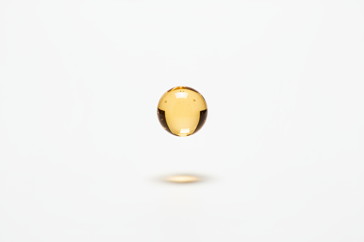 Clean modern abstract image of a single golden drop suspended in air, white background, soft shadows, minimal composition, luxury skincare aesthetic, 4K ultra crisp.
