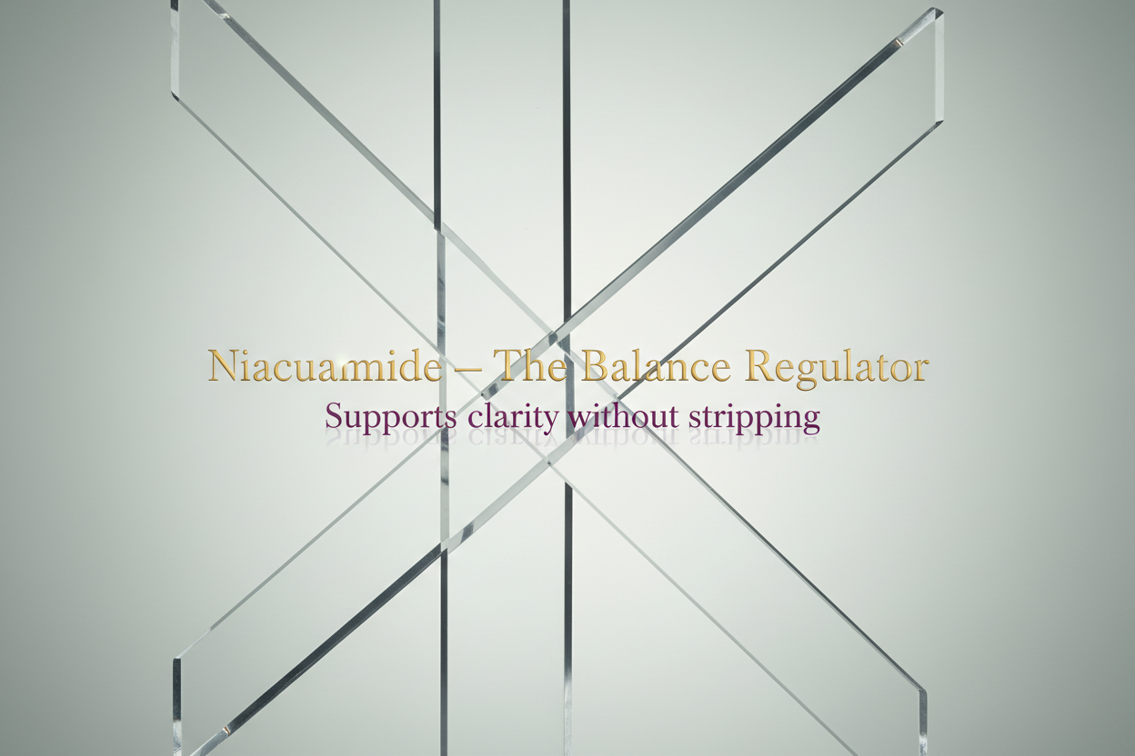 Clean symmetrical composition of translucent gel planes intersecting. Cool-neutral studio lighting. Background pale sage-grey.
Overlay text:
– Title: “Niacinamide — The Balance Regulator” in gold.
– Tagline: “Supports clarity without stripping” in plum.
Precision-driven, modern luxury typography.