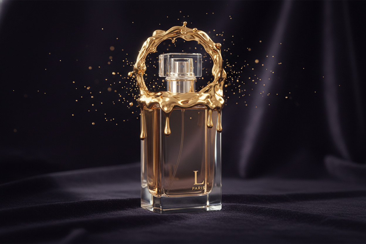 “Close-up perfume bottle with molten-gold halo, floating micro-sparkles, dark velvet background, diffused studio light, dramatic shadows, ethereal atmosphere, minimal modern French luxury aesthetic.”