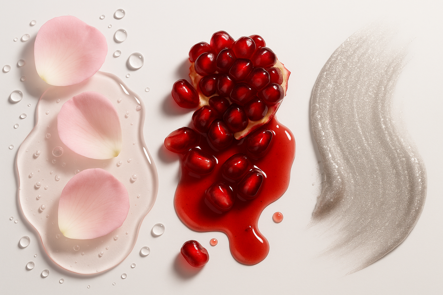 Cut to ingredient montage: Rose water, Pomegranate, Platinum shimmer
📢 VO: “Infused with rose water, antioxidants, and platinum extract.”