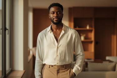 Dark-skinned Ghanaian-British man with close-cut curls and a well-groomed short beard, wearing a linen shirt and understated gold chain; photographed in diffused morning light with warm tones — modern, confident, refined.