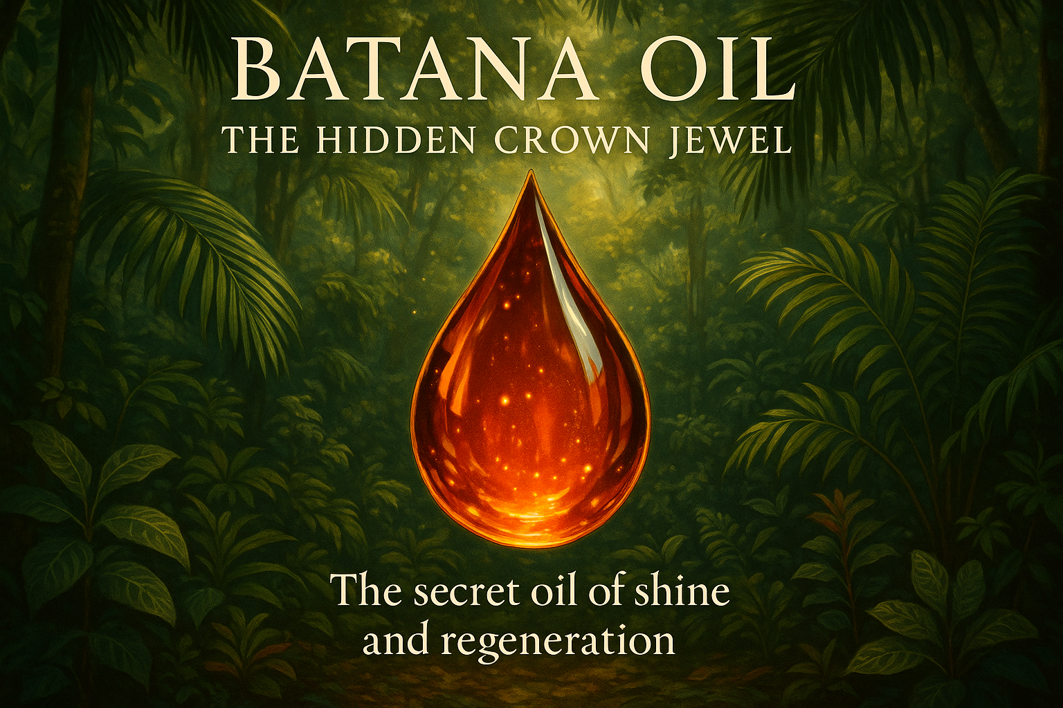     Detailed artwork “Batana Oil – The Hidden Crown Jewel”Visual:     A deep amber droplet shining like a gemstone.Background:     Lush Central American rainforest.Overlay     text: “The secret oil of shine and regeneration.”
