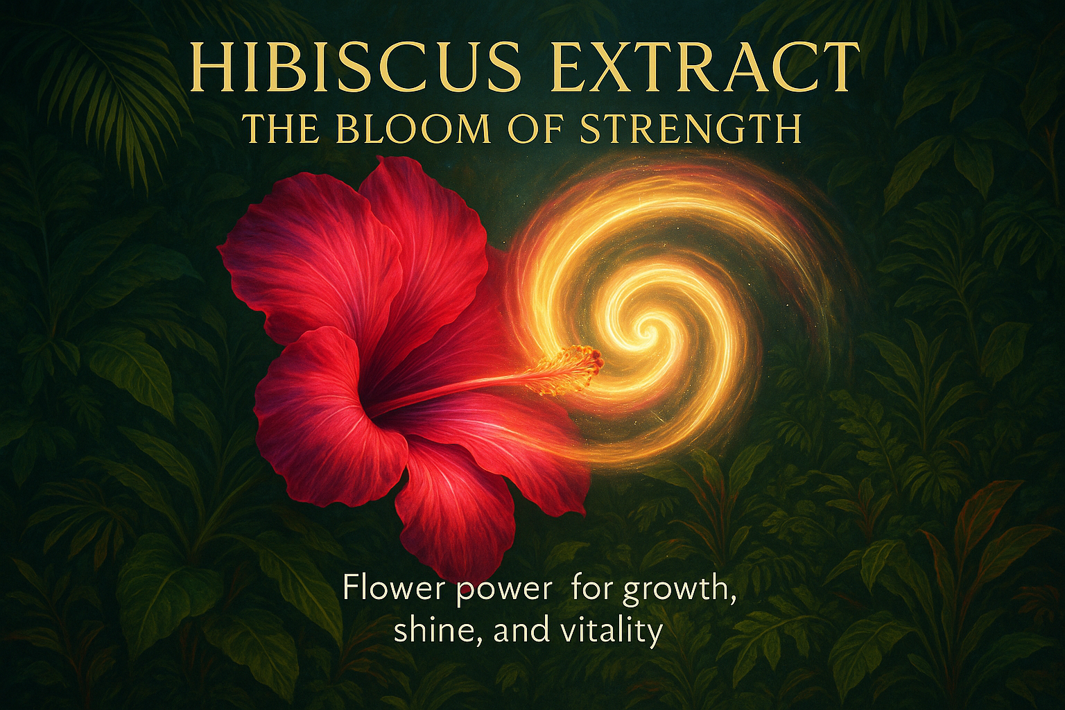     Detailed artwork “Hibiscus Extract – The Bloom of Strength”Visual:     Vibrant hibiscus flower opening into a glowing curl spiral.Background:     Tropical lush greenery.Overlay     text: “Flower power for growth, shine, and vitality.”