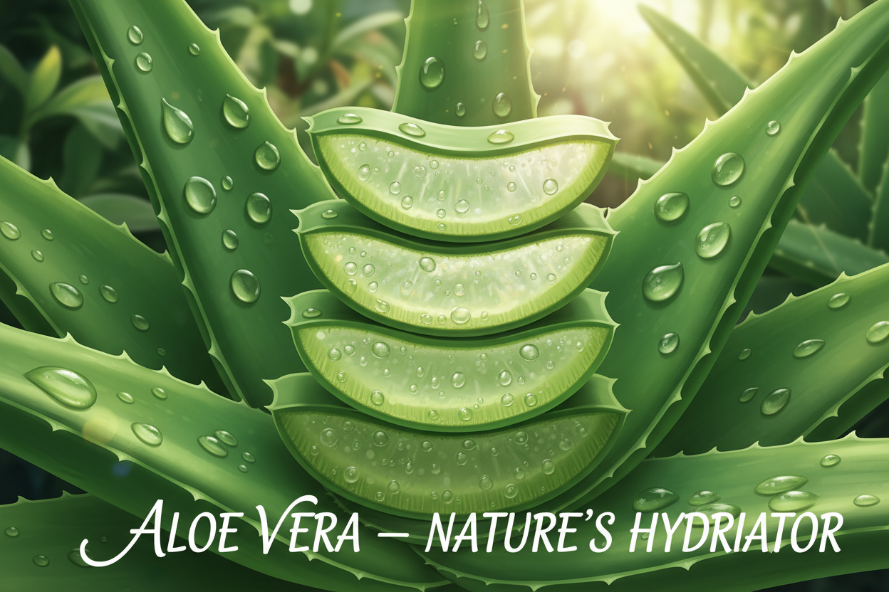 detailed artwork of Aloe Vera – Nature’s hydrator. Clear gel glistening on fresh green aloe leaves. (Drops sparkling like morning dew.)