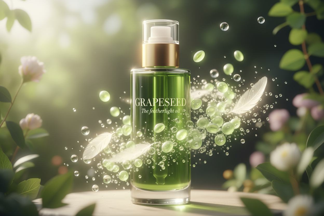 Detailed artwork of Grapeseed – The featherlight oil. Glossy green seeds glowing with light. (Gentle breeze lifting translucent droplets.). Keep the font to playfair 