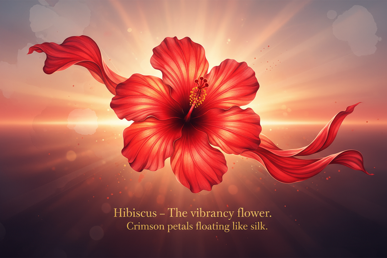 detailed artwork of Hibiscus – The vibrancy flower. Crimson petals floating like silk. (Radiant red against a glowing horizon.). Font is playfair display