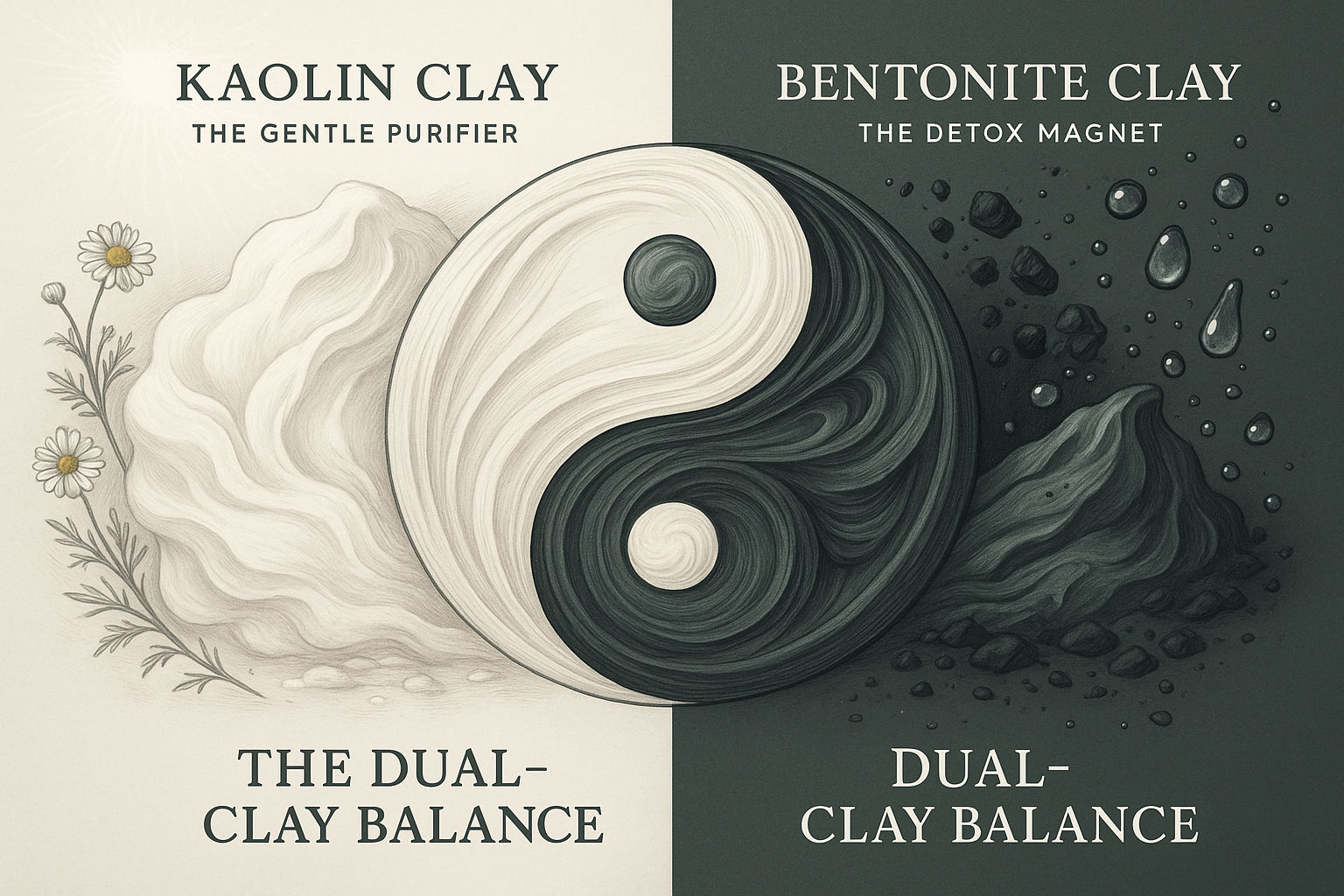 detailed artwork of Kaolin Clay – The Gentle Purifier & Bentonite Clay – The Detox Magnet –  The Dual-Clay Balance