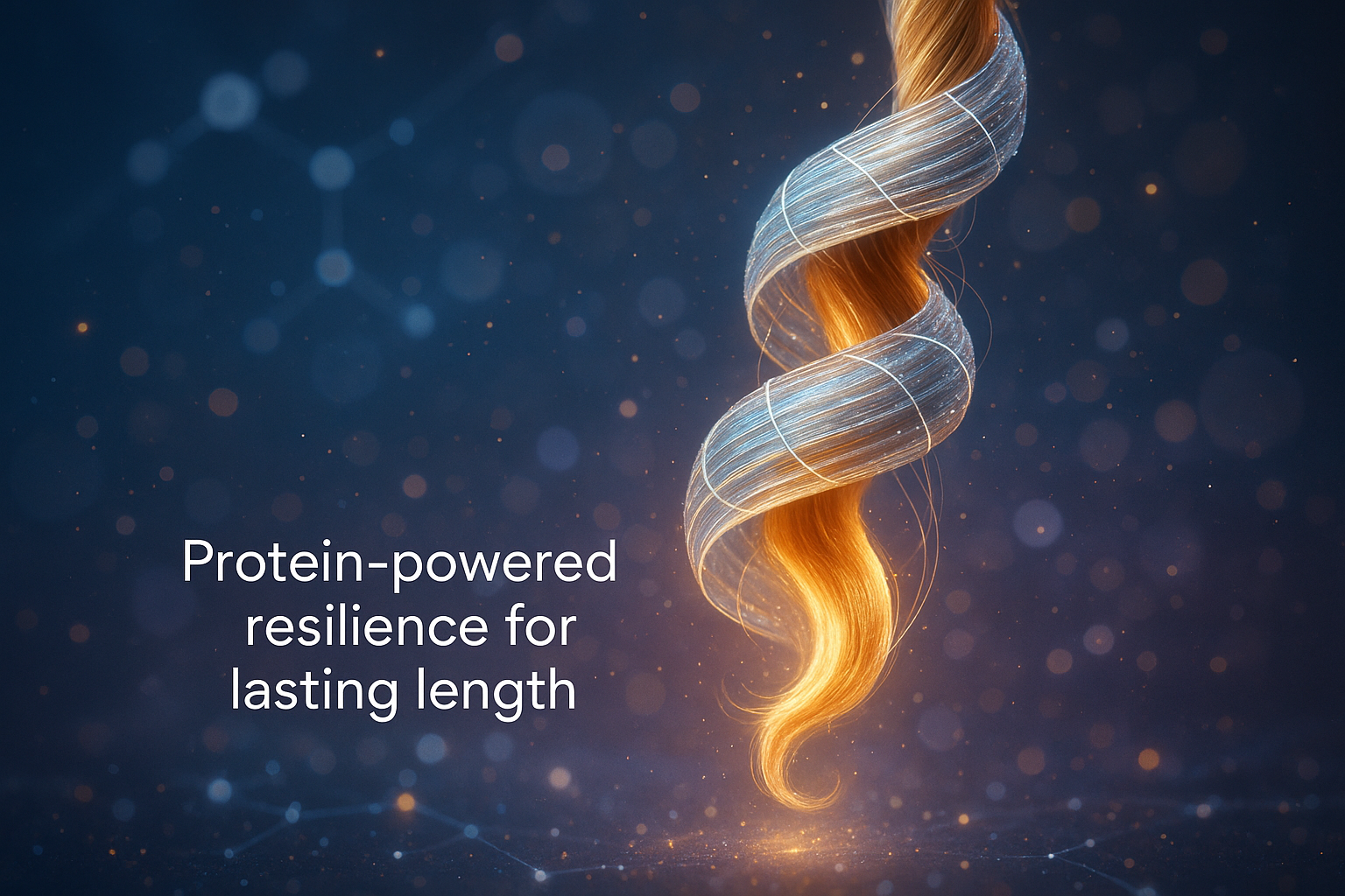 Detailed artwork of      “Keratin Amino Acids – The Strand’s Armor”Visual:     A glowing curl wrapped in shimmering protective threads.Background:     Futuristic “molecular” aesthetic with light particles.Overlay     text: “Protein-powered resilience for lasting length.