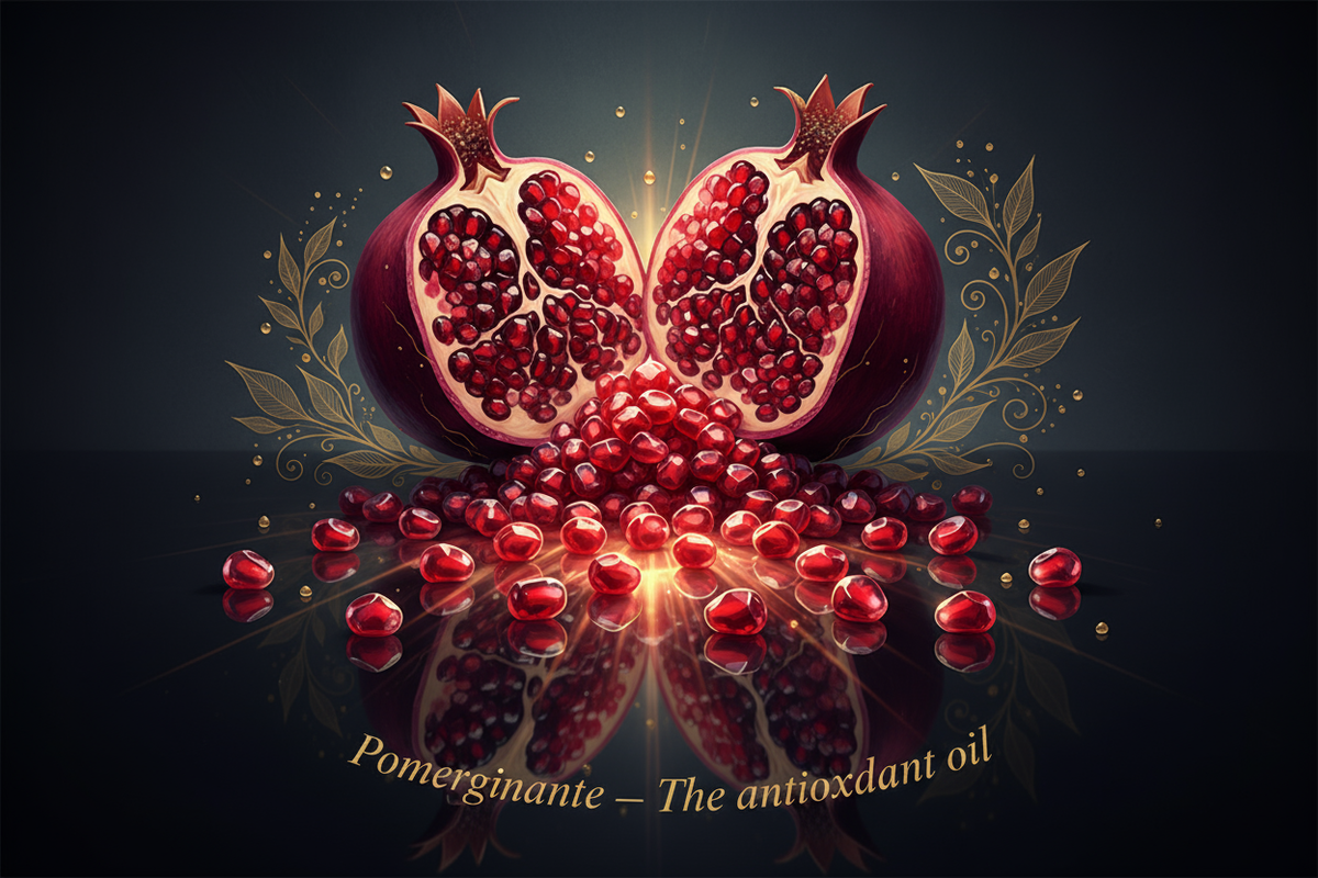 Detailed artwork of Pomegranate – The antioxidant oil. Jewel-like seeds bursting with brilliance. (Seeds glowing like scattered rubies on a dark surface.). Font is playfair display