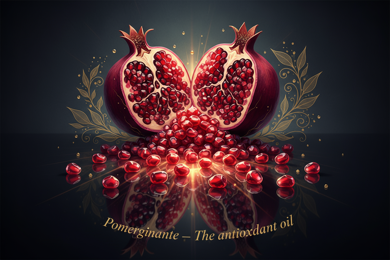 Detailed artwork of Pomegranate – The antioxidant oil. Jewel-like seeds bursting with brilliance. (Seeds glowing like scattered rubies on a dark surface.). Font is playfair display