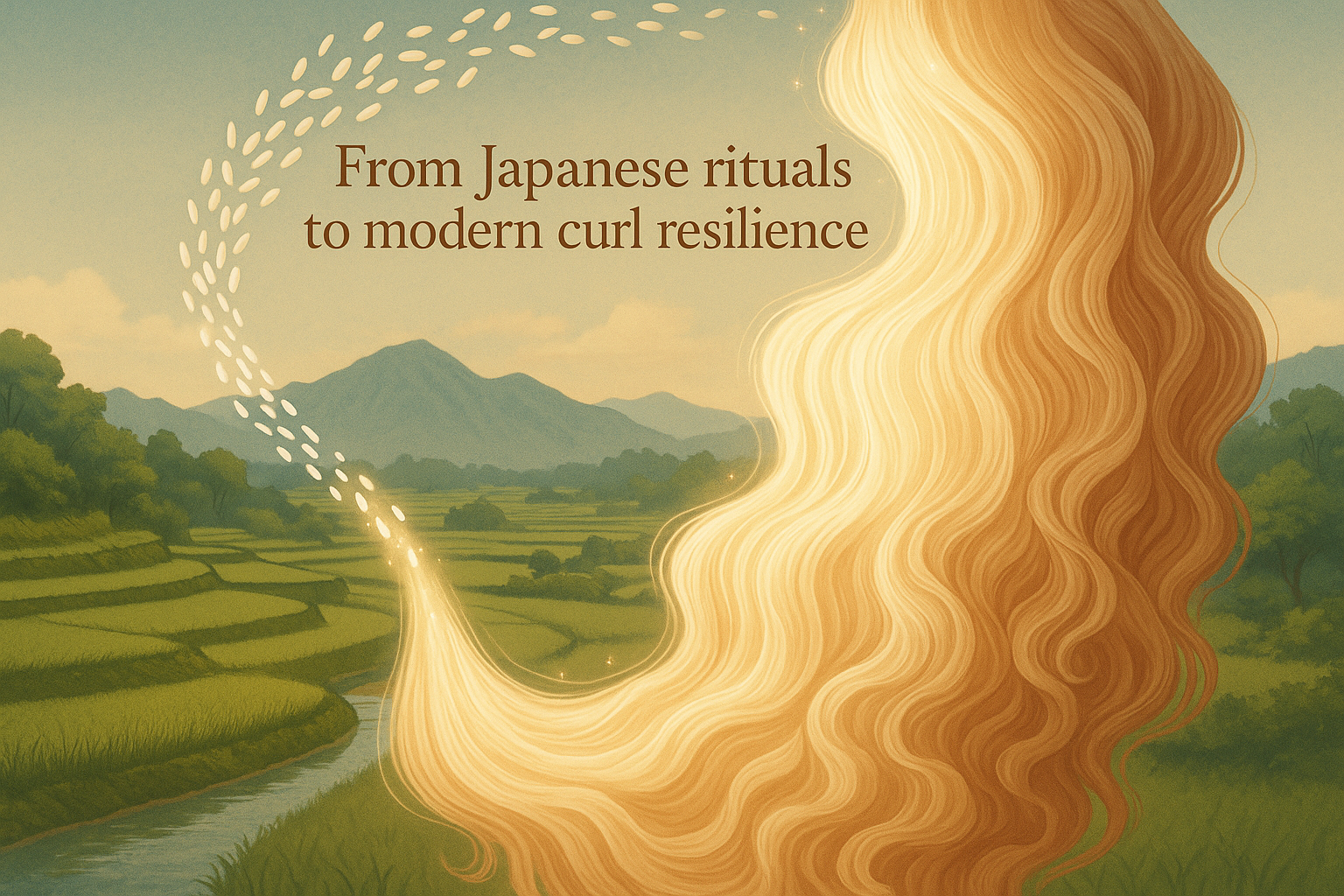    Detailed artwork of “Rice Extract – The Ancient Ritual”Visual:     A stream of rice grains dissolving into a glowing waterfall of hair.Background:     Serene Japanese countryside rice paddies.Overlay     text: “From Japanese rituals to modern curl resilience.”