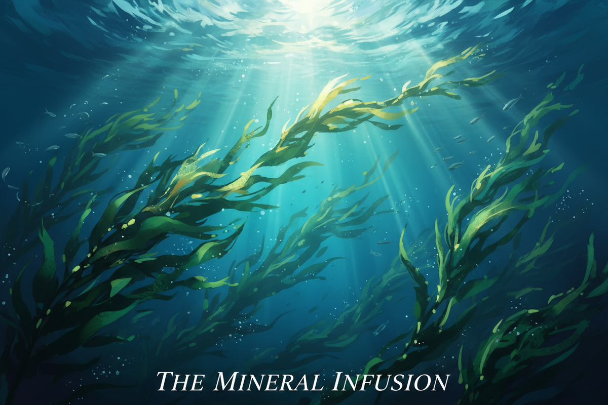 Detailed artwork of Seaweed – The mineral infusion. Emerald ribbons swaying under water. (Sunlight streaming through the ocean surface.)
