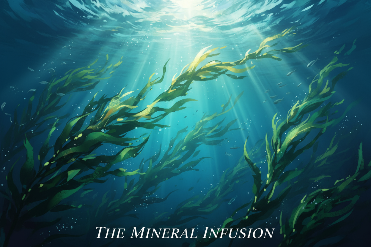 Detailed artwork of Seaweed – The mineral infusion. Emerald ribbons swaying under water. (Sunlight streaming through the ocean surface.)