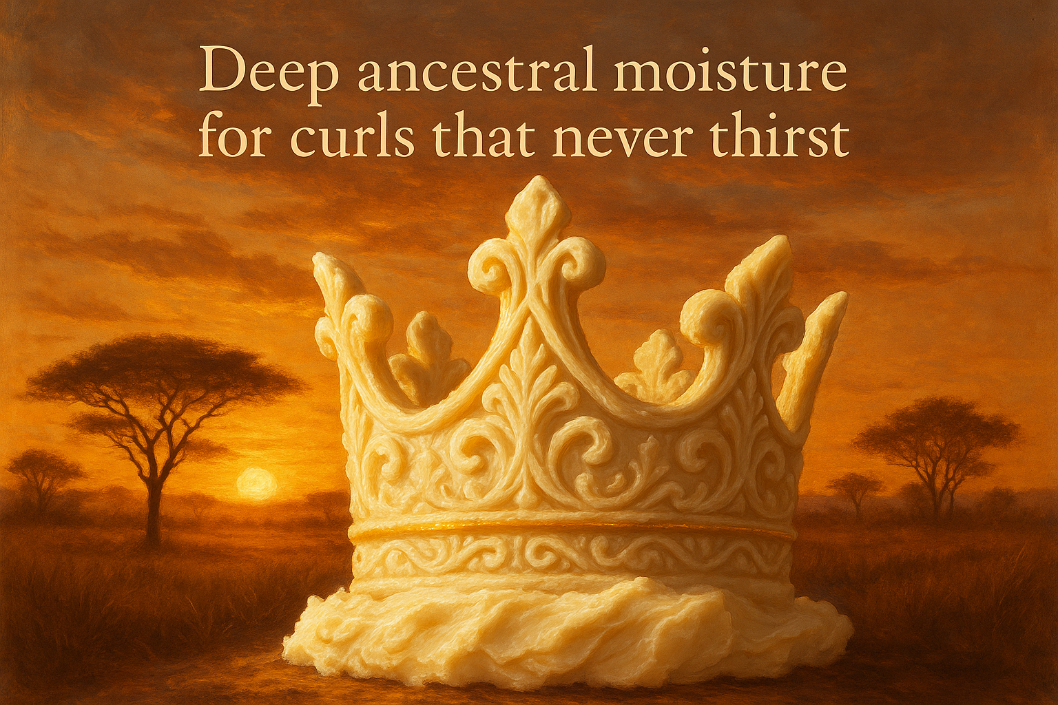  Detailed artwork “Shea Butter – The Crown’s Comforter”Visual:     A crown carved into solid shea butter, glowing golden edges.Background:     African savannah sunrise, earthy tones.Overlay     text: “Deep ancestral moisture for curls that never thirst.”