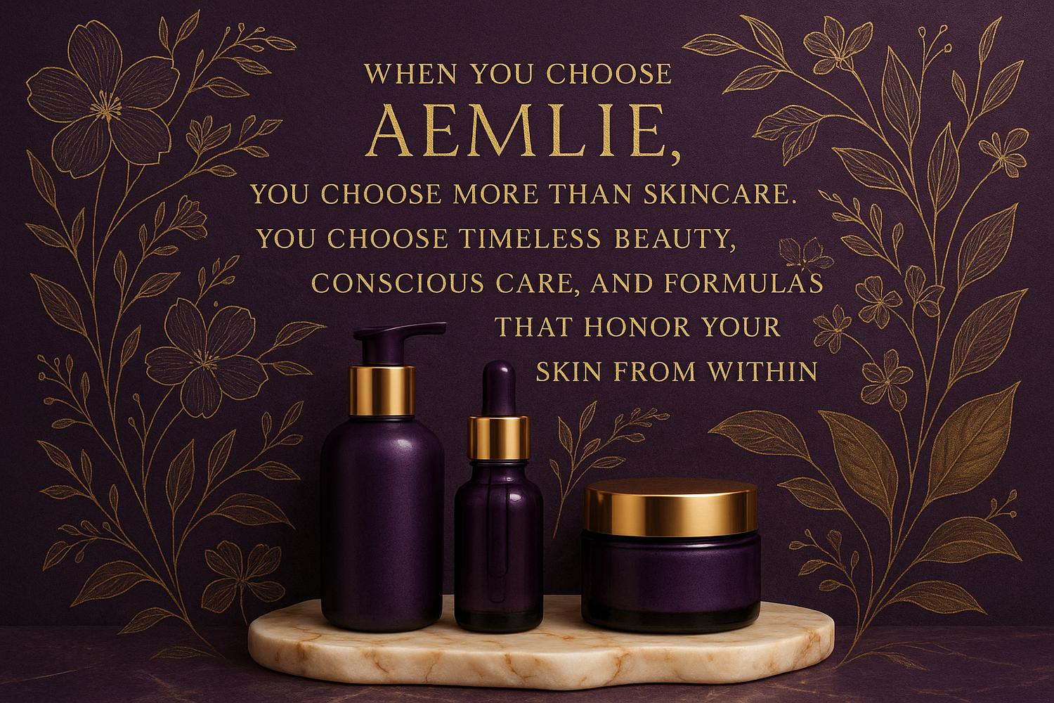 detailed artwork showing - When you choose Aemlie, you choose more than skincare. You choose timeless beauty, conscious care, and formulas that honor your skin from within in purple 4b306a and gold d7af37, 