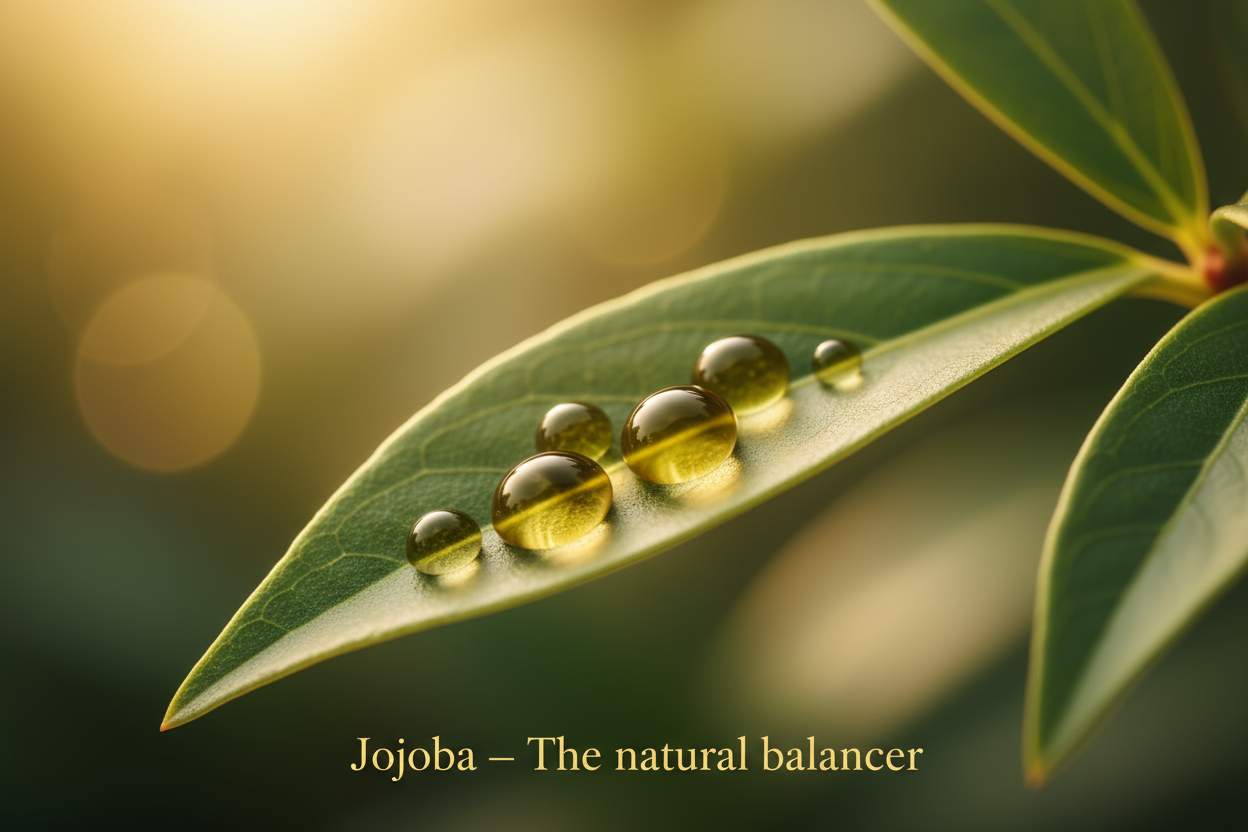 Detailed image of Jojoba – The natural balancer. Amber drops balancing perfectly on a smooth leaf. (Harmony and calm in a soft glowing scene.). Font is payfair