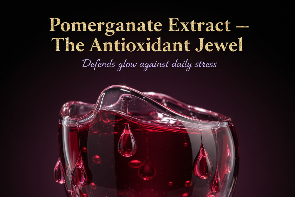 Editorial macro still-life of deep ruby liquid suspended in glass, jewel-like droplets catching light. Cinematic macro lens, dramatic low-angle lighting with rich highlights. Background fades from dark plum to black.
Overlay text:
– Title: “Pomegranate Extract — The Antioxidant Jewel” in metallic gold.
– Tagline: “Defends glow against daily stress” in soft lilac.
Luxurious, high-contrast, gemstone-inspired typography.