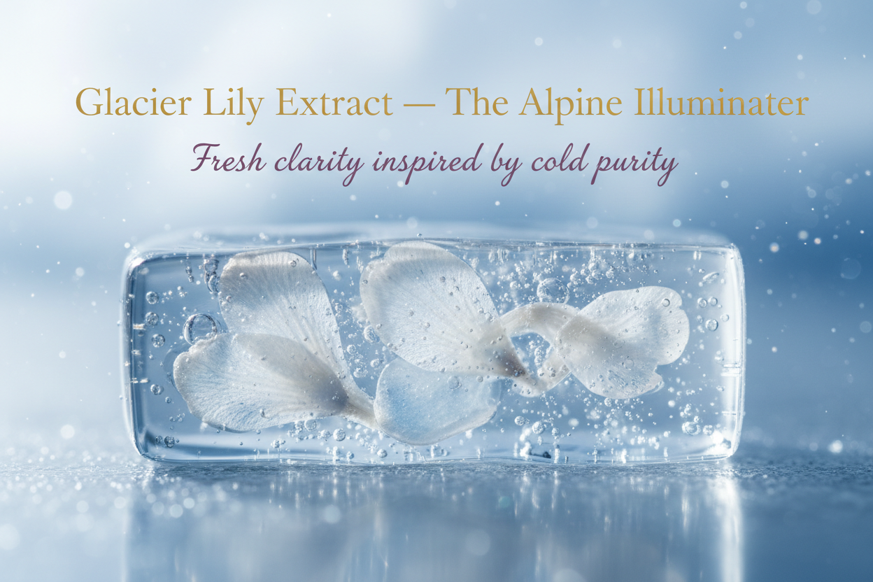 Ethereal alpine-inspired macro scene with translucent petal-like forms encased in clear gel. Cool daylight lighting. Background icy blue-white gradient with crystalline sparkle.
Overlay text:
– Title: “Glacier Lily Extract — The Alpine Illuminator” in gold.
– Tagline: “Fresh clarity inspired by cold purity” in plum.
High-altitude, pristine luxury mood.