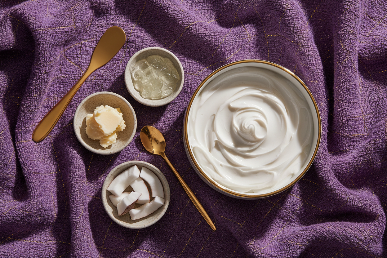 Flatlay composition:Small dishes of shea butter, aloe gel, coconut piecesA gold spoon or spatulaCurlEase cream swirl in a gold-rimmed potBackground: soft purple fabric with a subtle gold reflectionMood: high-end spa/apothecary meet luxury beauty