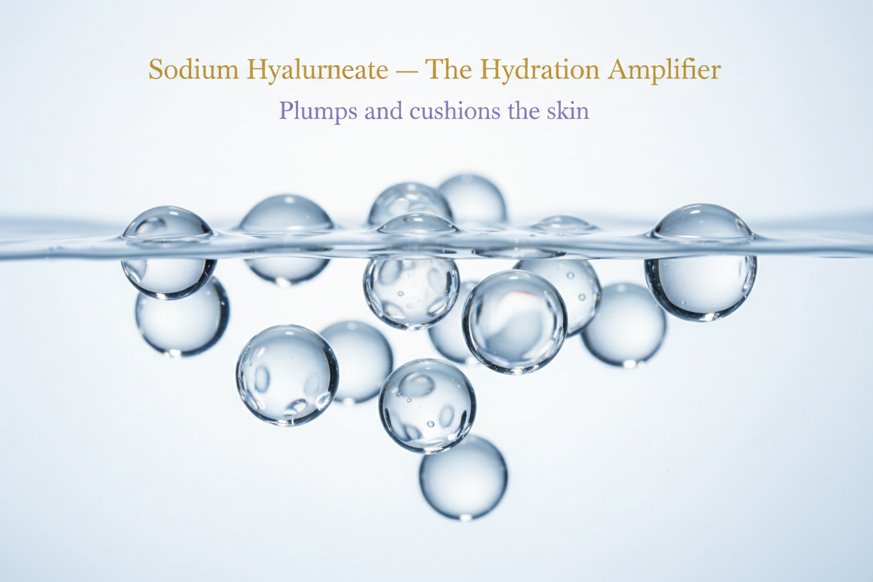 Floating gel spheres suspended in crystal-clear water, captured in ultra-sharp macro detail. Cool diffused lighting with soft reflections. Background icy white with pale blue undertones.
Overlay text:
– Title: “Sodium Hyaluronate — The Hydration Amplifier” in gold serif.
– Tagline: “Plumps and cushions the skin” in muted lilac.
Clean, clinical-luxury composition with calm spacing.