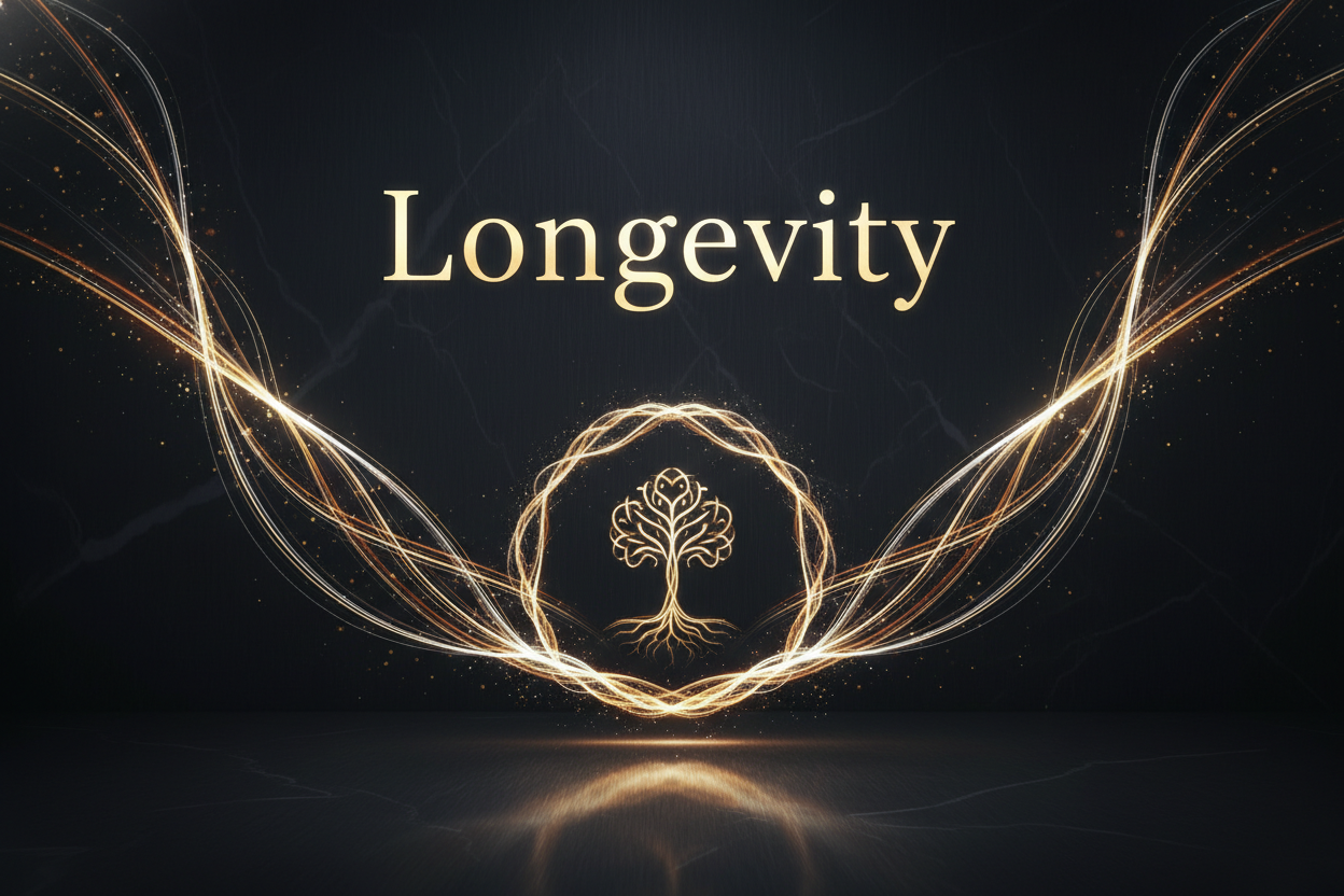 glowing light trail. Write in title - Longevity