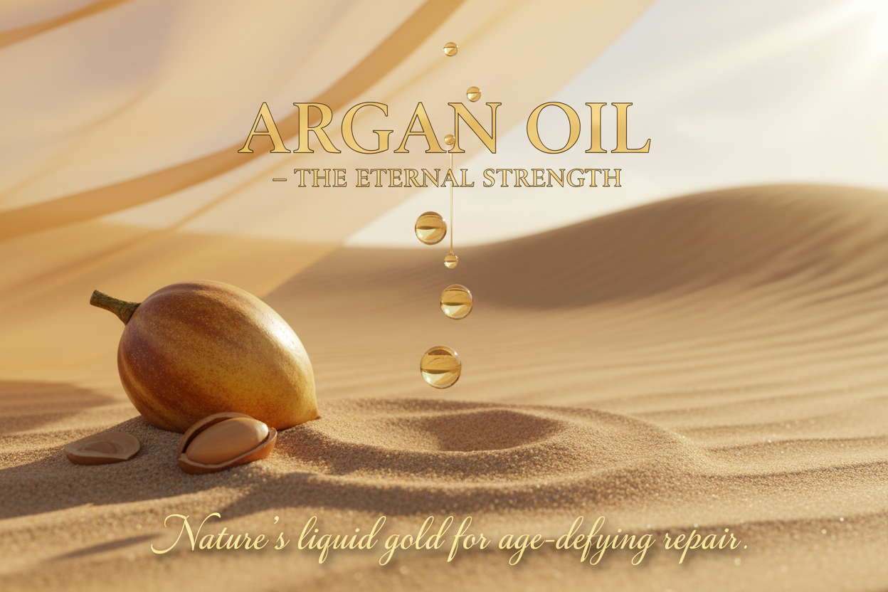 Golden argan oil droplets falling into desert sand with a sunlit argan fruit — evoking warmth, richness, and timeless care. write in title and tagline - Argan Oil – “The Eternal Strength”
Tagline: Nature’s liquid gold for age-defying repair.