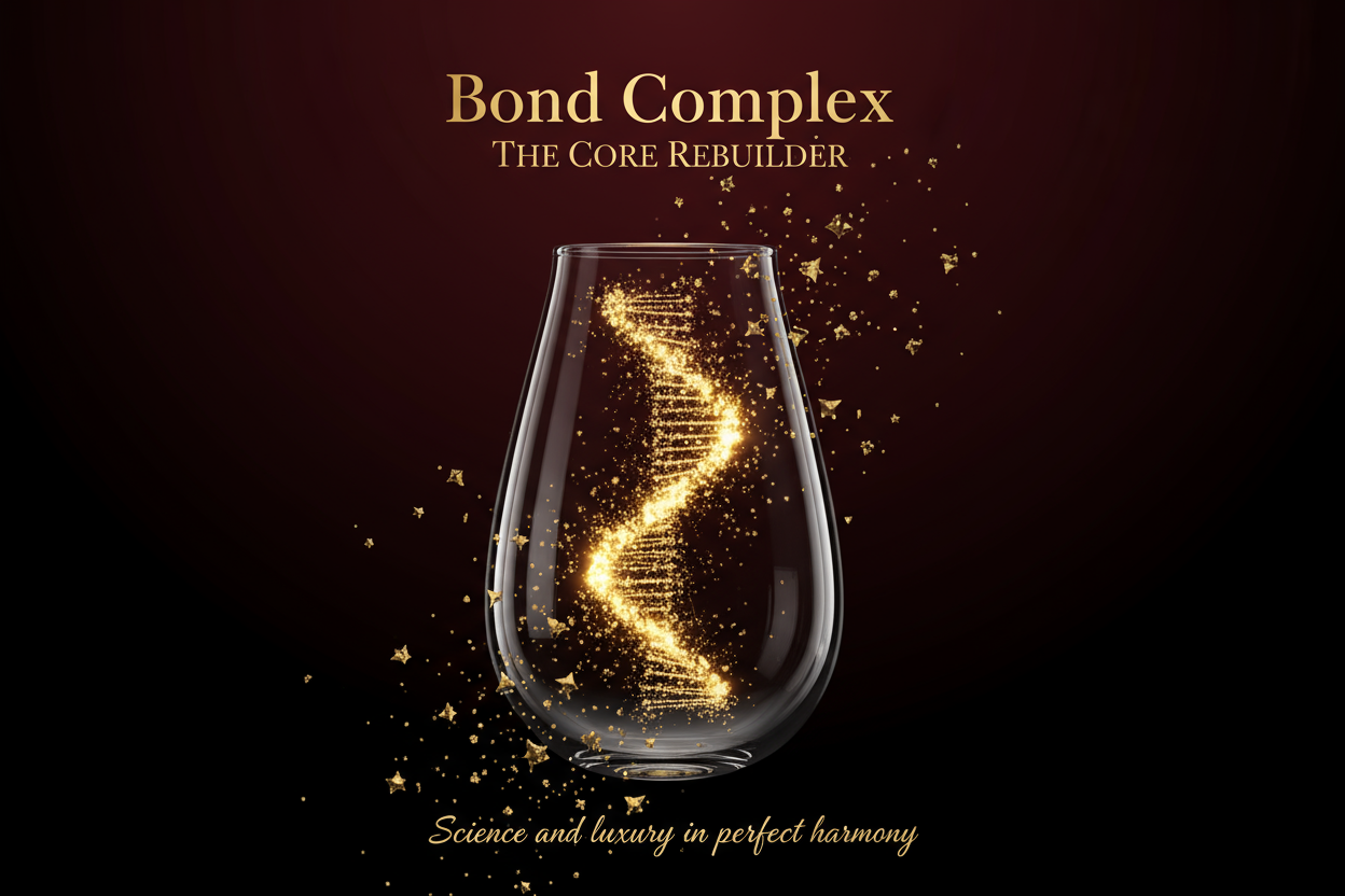 Golden filaments forming a helix, illuminated from within — the visual of inner architecture reborn. Write in title and tagline - Bond Complex – “The Core Rebuilder”

Tagline: Science and luxury in perfect harmony.