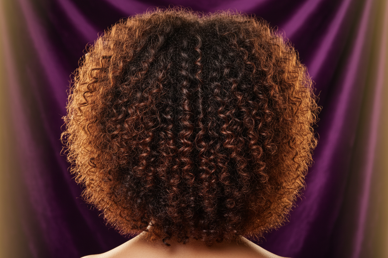 Hair type 3b/3c - Description:
Curls are sleek, defined, frizz-free, with visible clumping and shine.
Ends look hydrated and smooth.

Background:
Rich velvet purple with subtle gold vignette edges.

Lighting:
Golden-hour inspired — soft warm highlights on curls.

Mood:
Luxury beauty ad.

Camera Direction:

Same angle

Defined shape, curls glistening

Soft gold rim light adding dimension

🎨 COLOR PALETTE FOR ALL SETS

To keep everything cohesive:

Backgrounds:

Soft Lavender: #CBBBD8

Neutral Cream: #EFE9E5