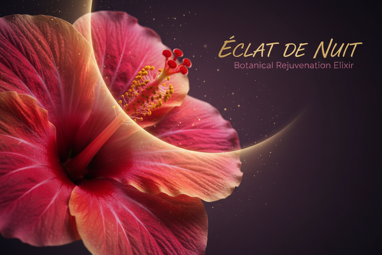Hibiscus Extract — The Botanical Lifter

Overlay text:

Title text in gold

Tagline text in plum: “Nature’s Firming Blossom”

Image prompt:
“Dramatic close-up of hibiscus petals and a soft crescent of light, suggesting lifting and contouring. Background a night-inspired gradient from plum to deep purple with gentle gold sparkles like stardust. Cinematic, luxurious. Upper right left clear for gold title and plum tagline.”